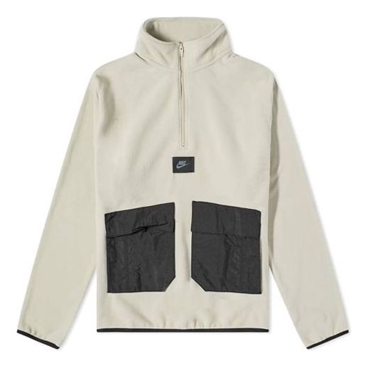 Men's Nike Sportswear Therma-FIT Logo Label Suede Half Zipper Colorblock Stand Collar Jacket Beige DO2638-145