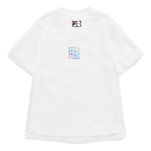 FILA FUSION Gradient Alphabet Printing Double Layer Knit Short Sleeve White T-Shirt T11W125108F-WT