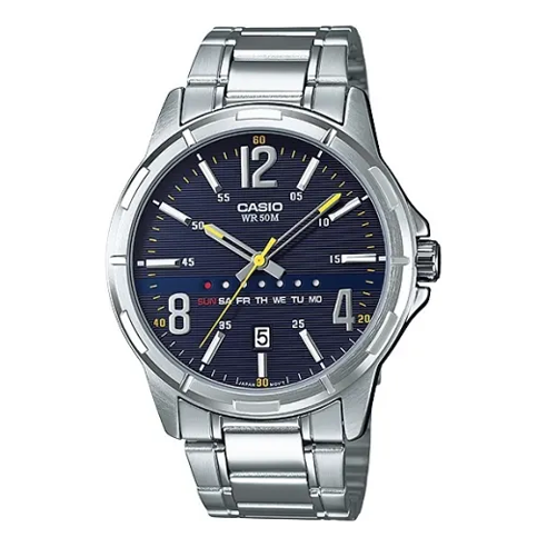 Men's CASIO Dress Quartz Movement Stainless Steel Dial Blue Dial 50m Waterproof 43.7mm Watch Analog Mens MTP-E106D-2A
