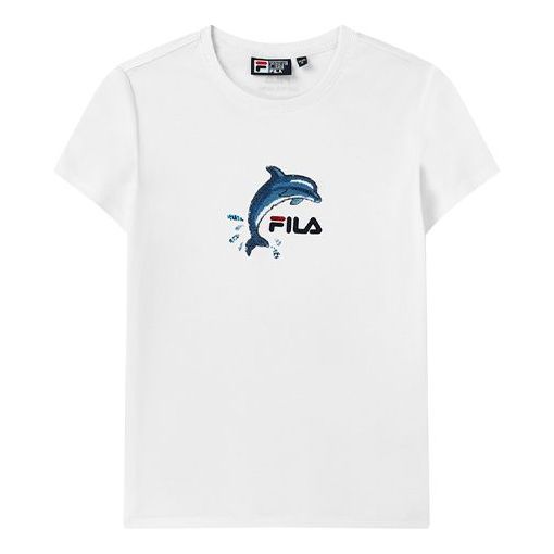 (WMNS) FILA Dolphin Pattern Sports Round Neck Short Sleeve White F11W128119F-WT
