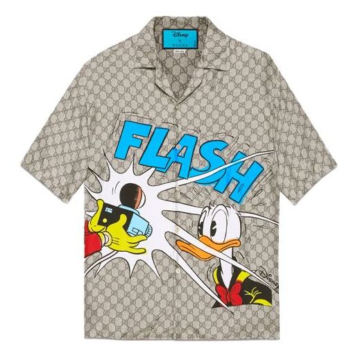 Gucci x Disney SS21 Donald Duck Print Silk Short Sleeve Shirt For Men Camel 646446-ZAGCN-2165