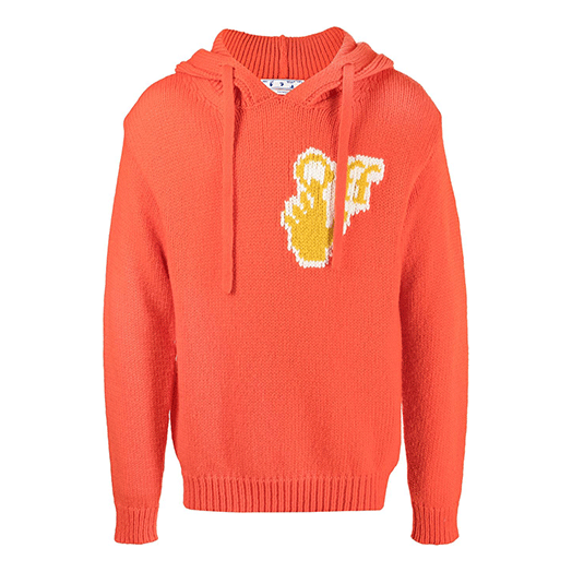 Men's Off-White FW21 Logo Intarsia Knit Pullover Hooded Wool Sweater Loose Fit Orange OMHA128F21KNI0012018