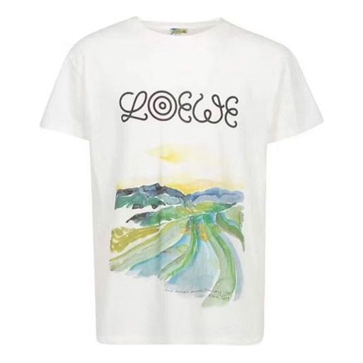 Men's LOEWE Watercolor Printing Cotton Short Sleeve White H6109831PC-2100