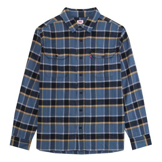 Men's Levis Casual lapel Plaid Long Sleeves Shirt Yellow Blue Plaid 19587-0135