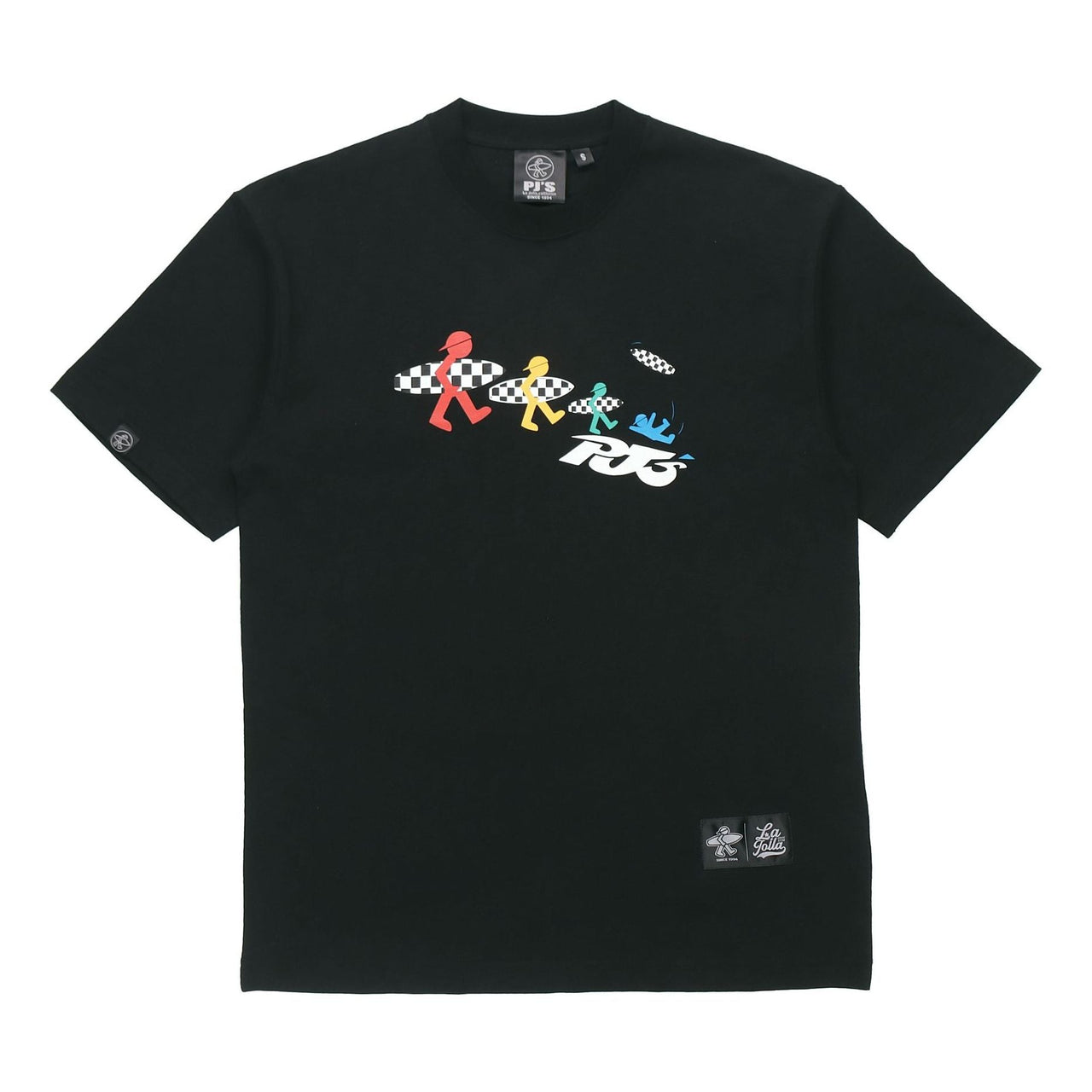 PJ's Vigor Multi-Color Surf Grid Pattern Printing Short Sleeve Unisex Black 20SSTS1024-P