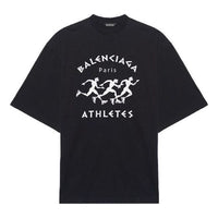 Men's Balenciaga Running Pattern Printing Logo Loose Short Sleeve Black 641614TJVK61070