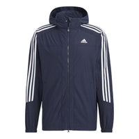 Men's adidas Contrasting Colors Stripe Sports Hooded Jacket Legendary Ink Blue HC9956