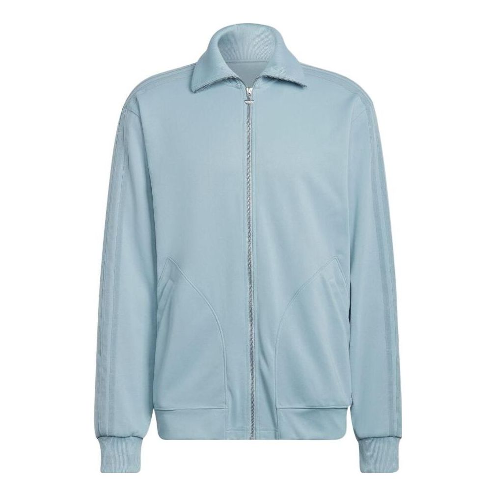 Men's adidas Solid Color Zipper Lapel Stripe Long Sleeves Light Blue HC4553