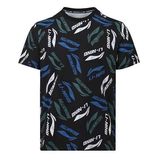 Li-Ning Badminton Series Full Print Logo Quick Dry Round Neck Short Sleeve Black AHSR867-2