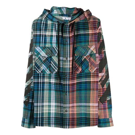 Off-White Plaid Printing Asymmetric hooded Shirt Blue OMGA125E20FAB0014510