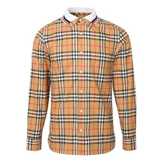 Men's Burberry Splicing Plaid Long Sleeves Shirt Beige 80049621