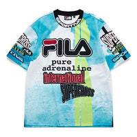 Men's FILA FUSION Full Print Alphabet Pattern Loose Knit Short Sleeve Blue T-Shirt T11M123105F-RB