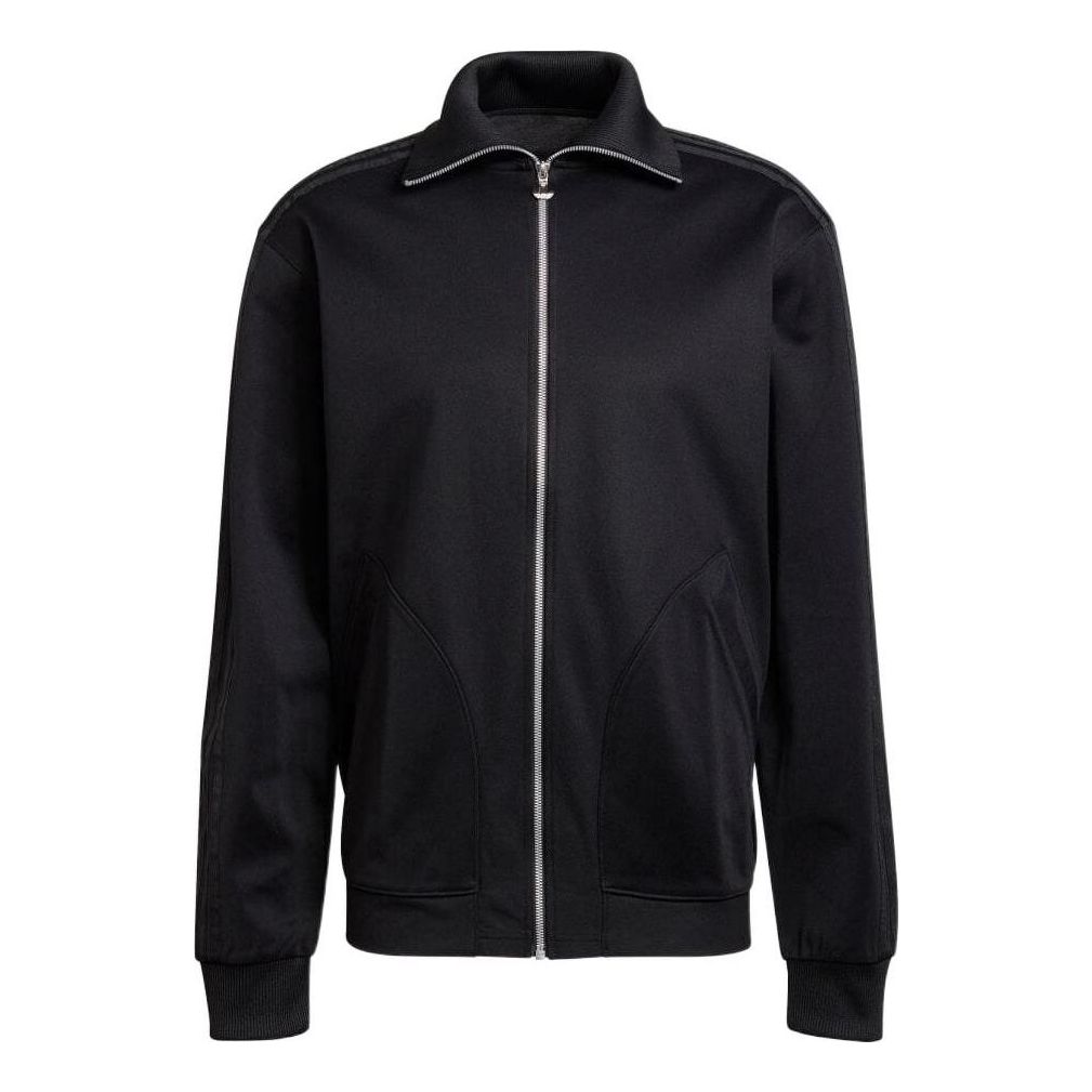 Men's adidas Solid Color Zipper Lapel Stripe Long Sleeves Jacket Black H11373