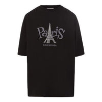 Balenciaga Unisex Paris Printing Round-neck Black 594599TGV661000