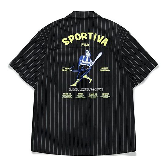 FILA FUSION Cartoon Printing Loose Stripe Short Sleeve Shirt Couple Style Black T11U122401F-BK