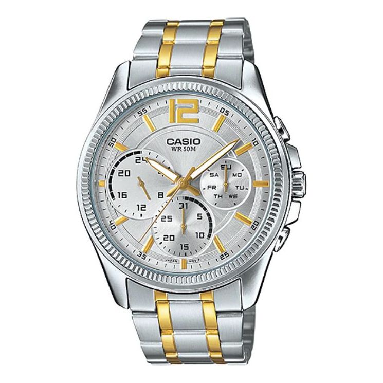 Men's CASIO Waterproof Quartz Three Eyes Dial 42mm Stainless Steel Strap Watch Mens White Analog MTP-E305SG-9AVDF