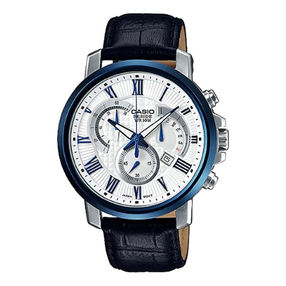 Men's CASIO Quartz Watch Leather Strap White Dial Analog Mens BEM-520BUL-7A1
