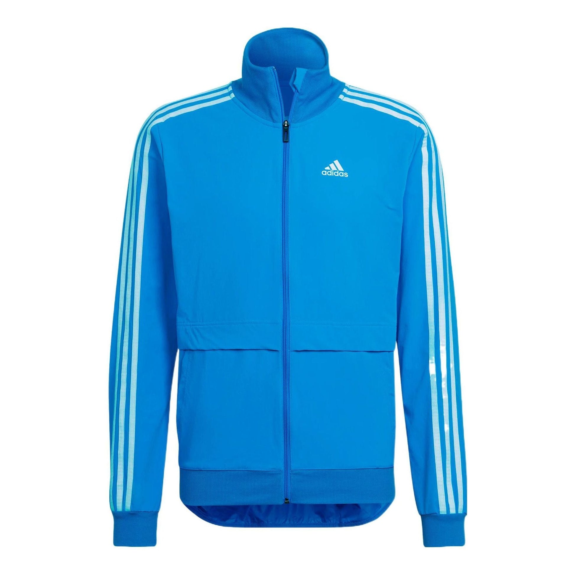 adidas Solid Color Logo Stripe Zipper Stand Collar Casual Jacket Blue H57197