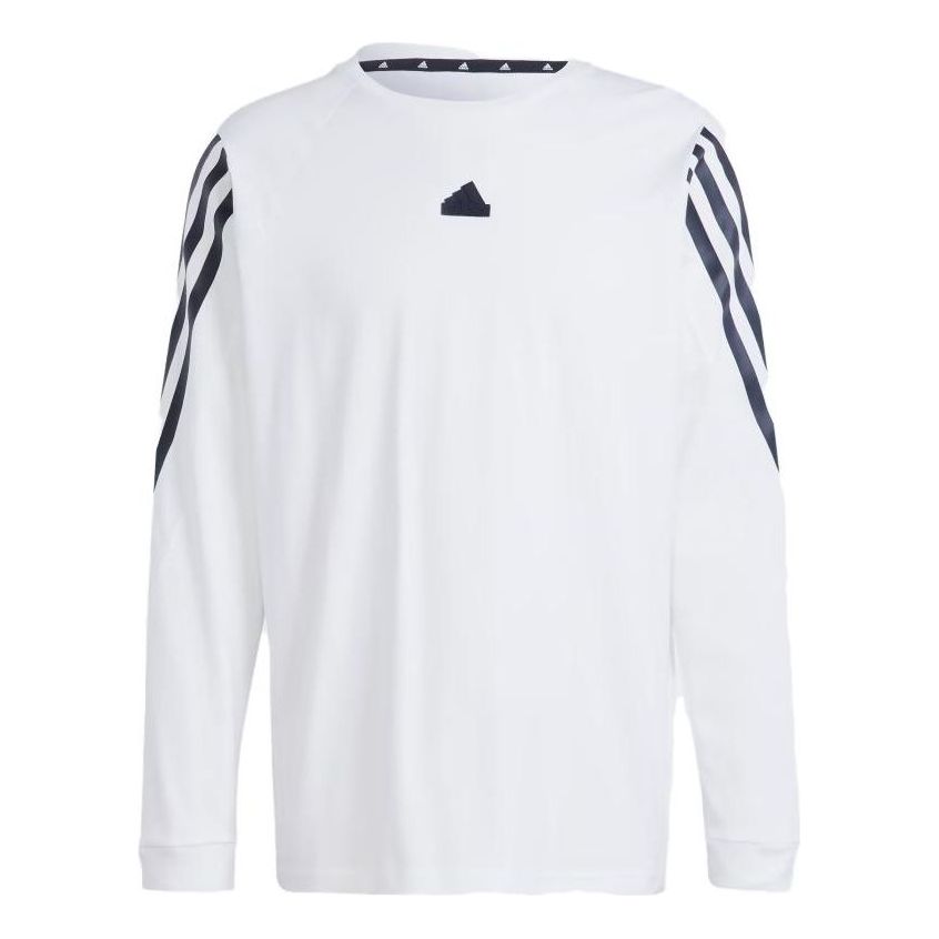 adidas 圆领套头条纹印花长袖T恤 男款 白色 IJ6388