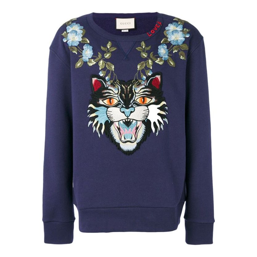 Men's Gucci CAT Pattern Embroidered Round Neck Pullover Long Sleeves Blue 475373-X9B11-4944