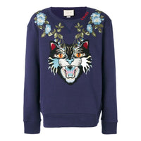 Men's Gucci CAT Pattern Embroidered Round Neck Pullover Long Sleeves Blue 475373-X9B11-4944