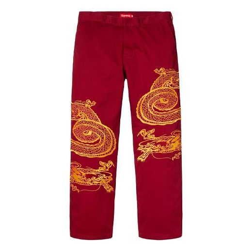 Supreme FW18 Dragon Work Pant Red Dragon Robe China Embroidered Casual Long Pants Unisex SUP-FW18-427