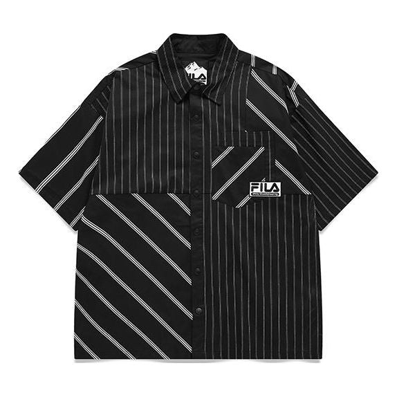 Men's FILA FUSION x White Mountaineering Crossover Stripe Splicing Short Sleeve Sports Black Shirt T11M137401F-BK