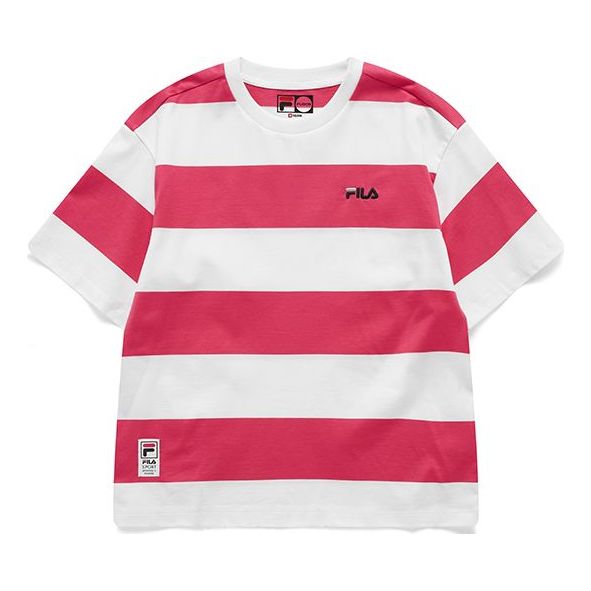 FILA FUSION Contrasting Colors Stripe Round Neck Loose Short Sleeve Pink White Colorblock T11W122113F-WT