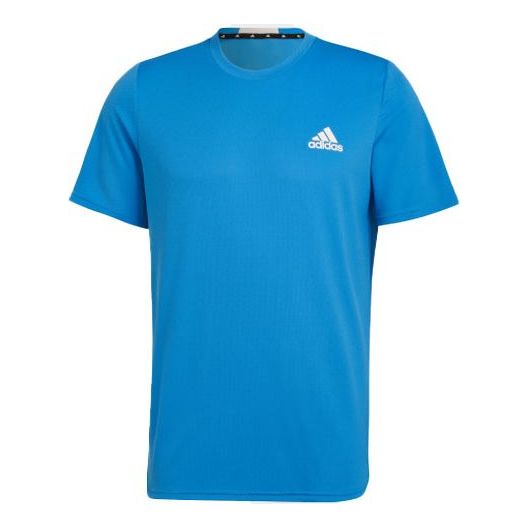 Men's adidas Solid Color Gym Round Neck Pullover Short Sleeve Blue T-Shirt HF7216