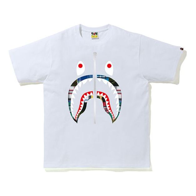 A Bathing Ape BAPE Shark Zipper Printing Camouflage Plaid Pattern Short Sleeve White 0ZXTEM110049E-WHX
