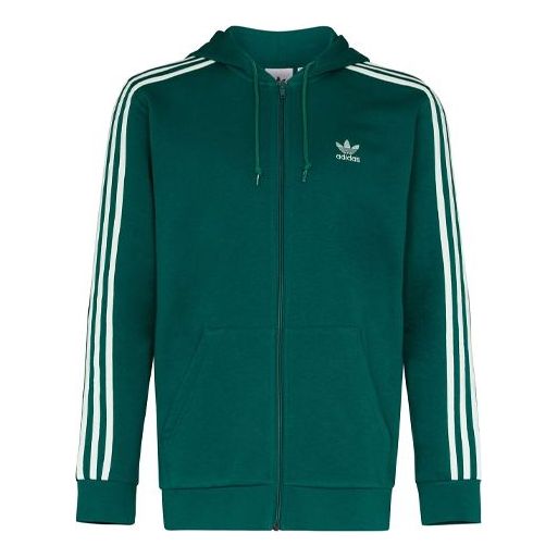 adidas originals Solid Color Stripe Zipper Hooded Track Jacket Green EK0258