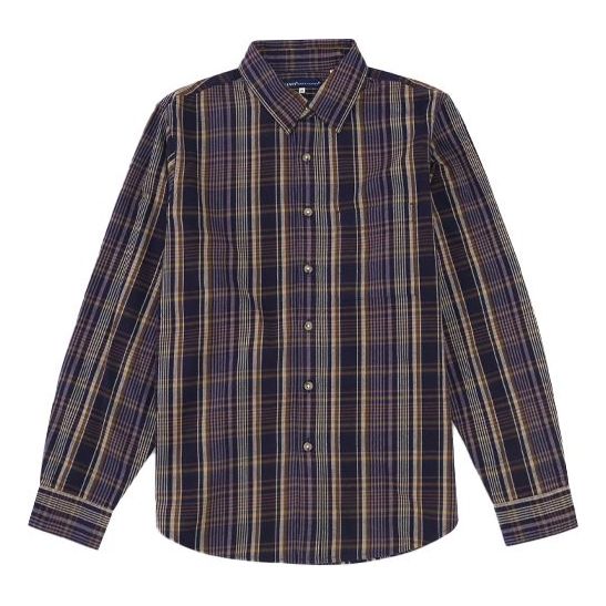 Men's Levis lapel Loose Plaid Long Sleeves Shirt Brown Blue 21256-0002