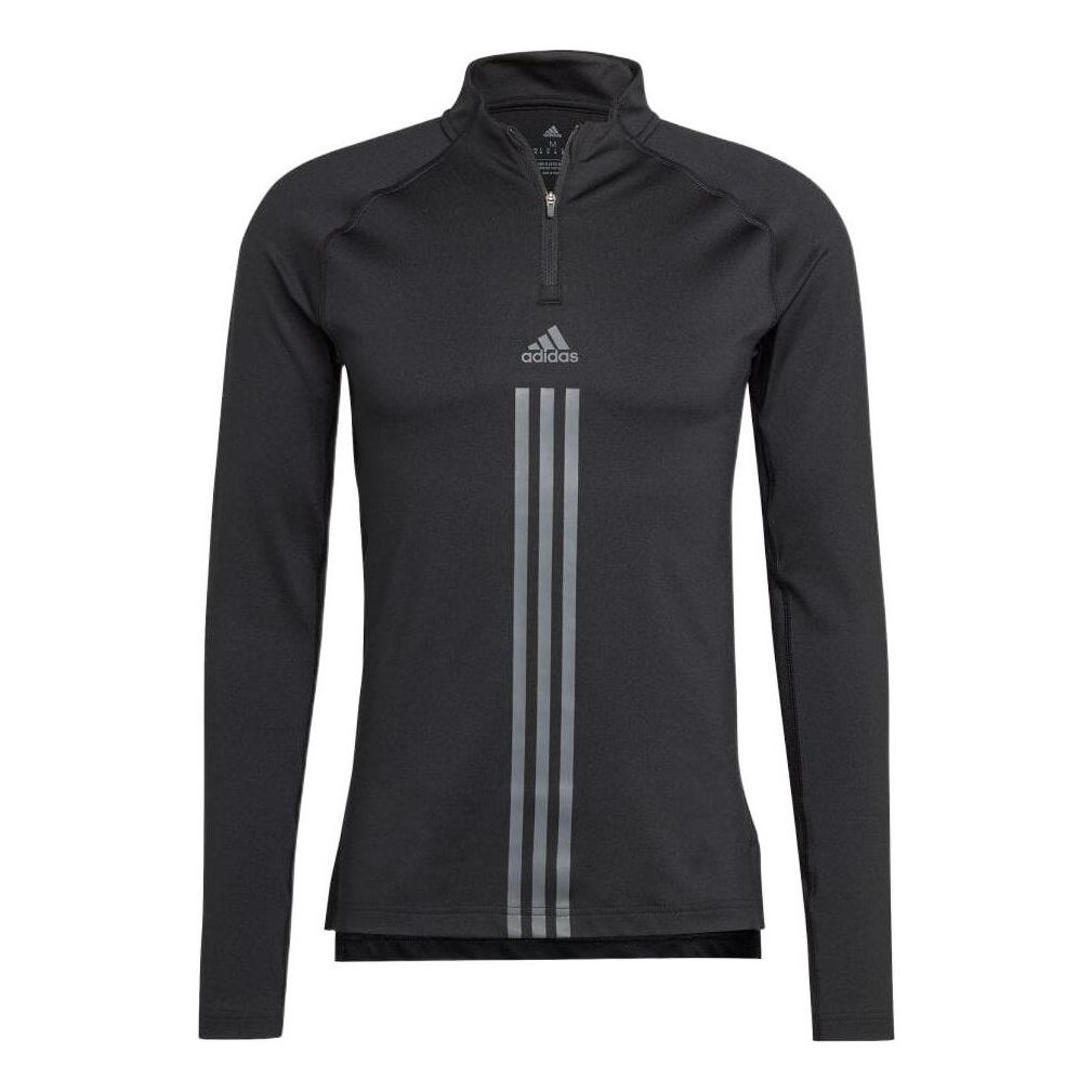 Men's adidas Half Zipper Stripe Logo Printing Sports Long Sleeves Black T-Shirt HY1023