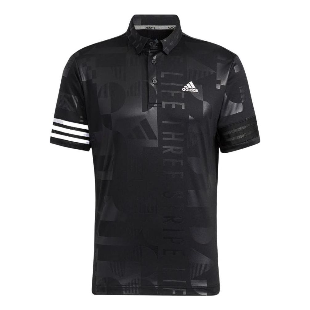 Men's adidas Stripe Embossing Printing Logo Short Sleeve Button Black Polo Shirt HA3116