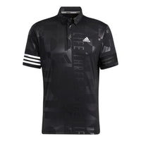 Men's adidas Stripe Embossing Printing Logo Short Sleeve Button Black Polo Shirt HA3116