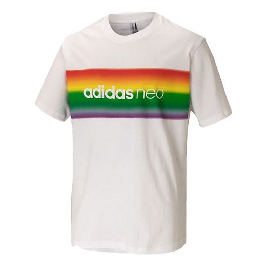 adidas neo U Pd Tee3 Rainbow Logo Printing Round Neck Sports Short Sleeve Couple Style White H65030