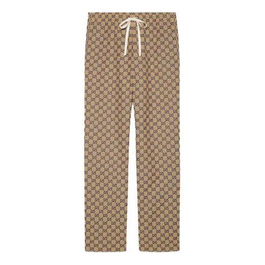Men's Gucci SS21 Leather Interlock Double G Canvas Long Pants/Trousers Beige 658090-Z8AOV-9078