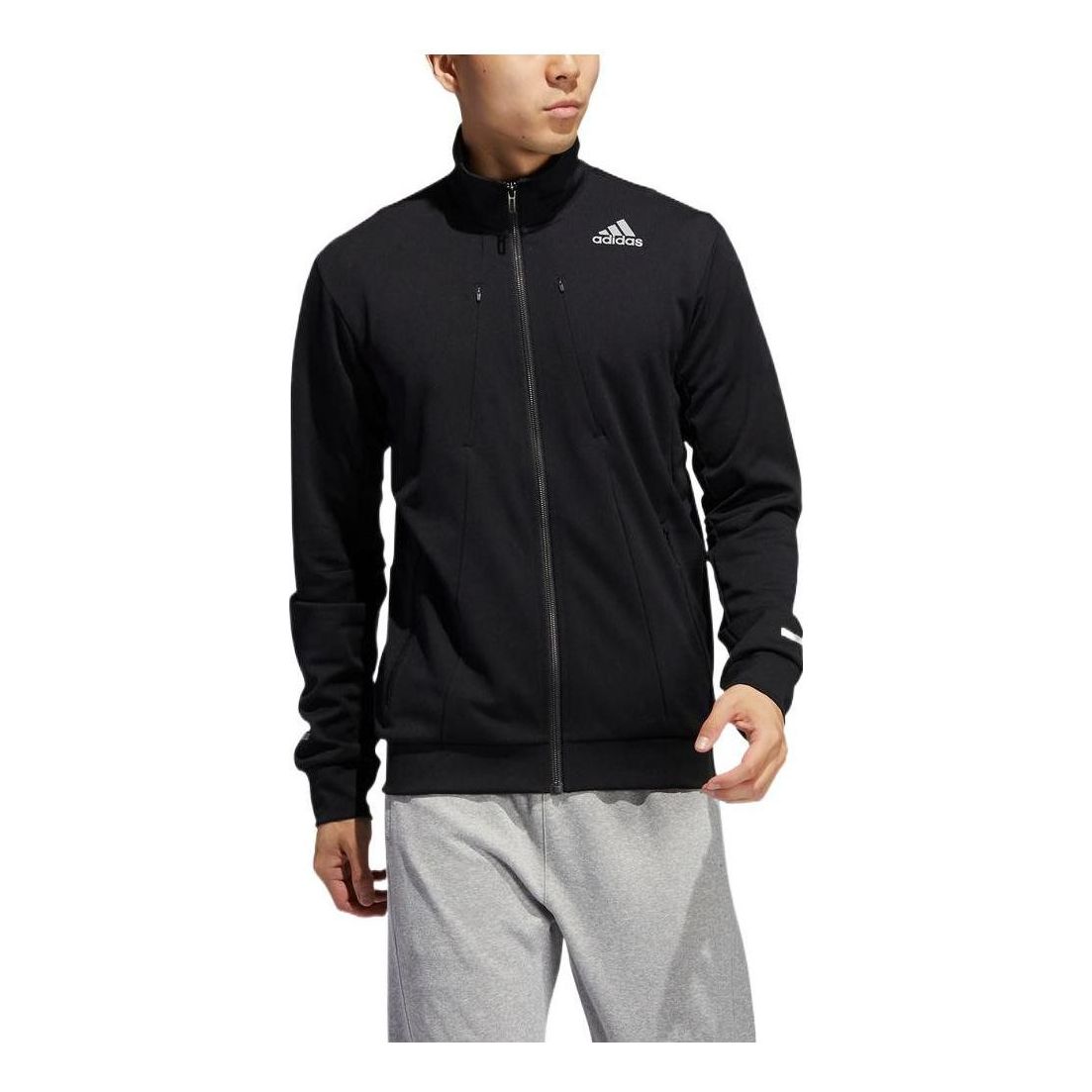Men's adidas Logo Printing Pattern Stand Collar Zipper Jacket Black GL2188