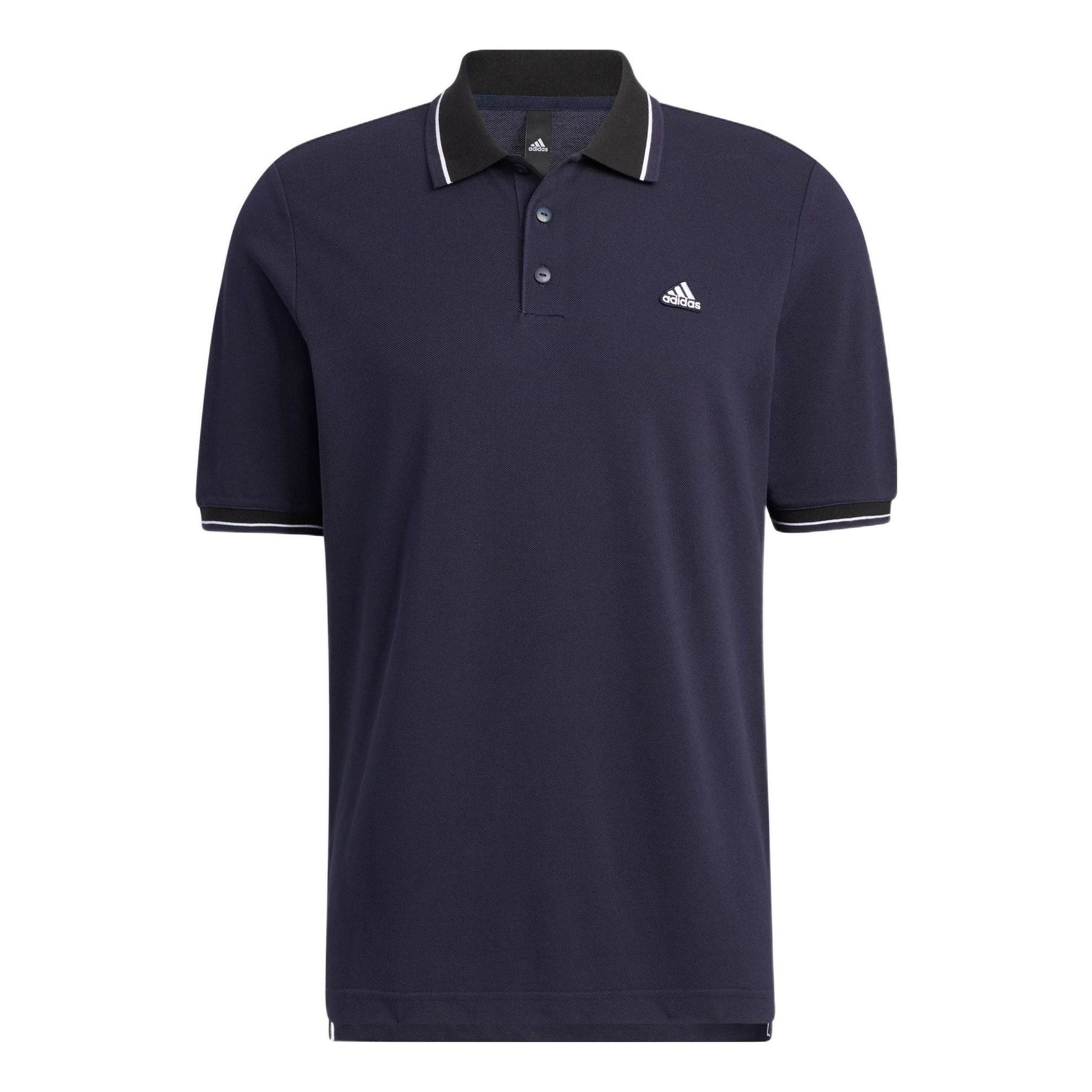 Men's adidas Alphabet Logo Embroidered Stripe Buckle Short Sleeve Legendary Ink Blue Polo Shirt HS4393
