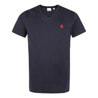 Men's Burberry Pattern V neck Cotton Short Sleeve Dark Blue 80172561