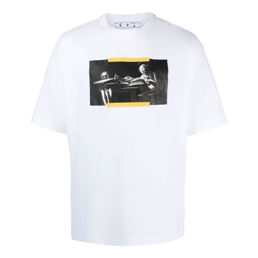 Men's Off-White FW21 Caravaggio Pattern Printing Round Neck Short Sleeve Slim Fit White T-Shirt OMAA120F21JER0080184