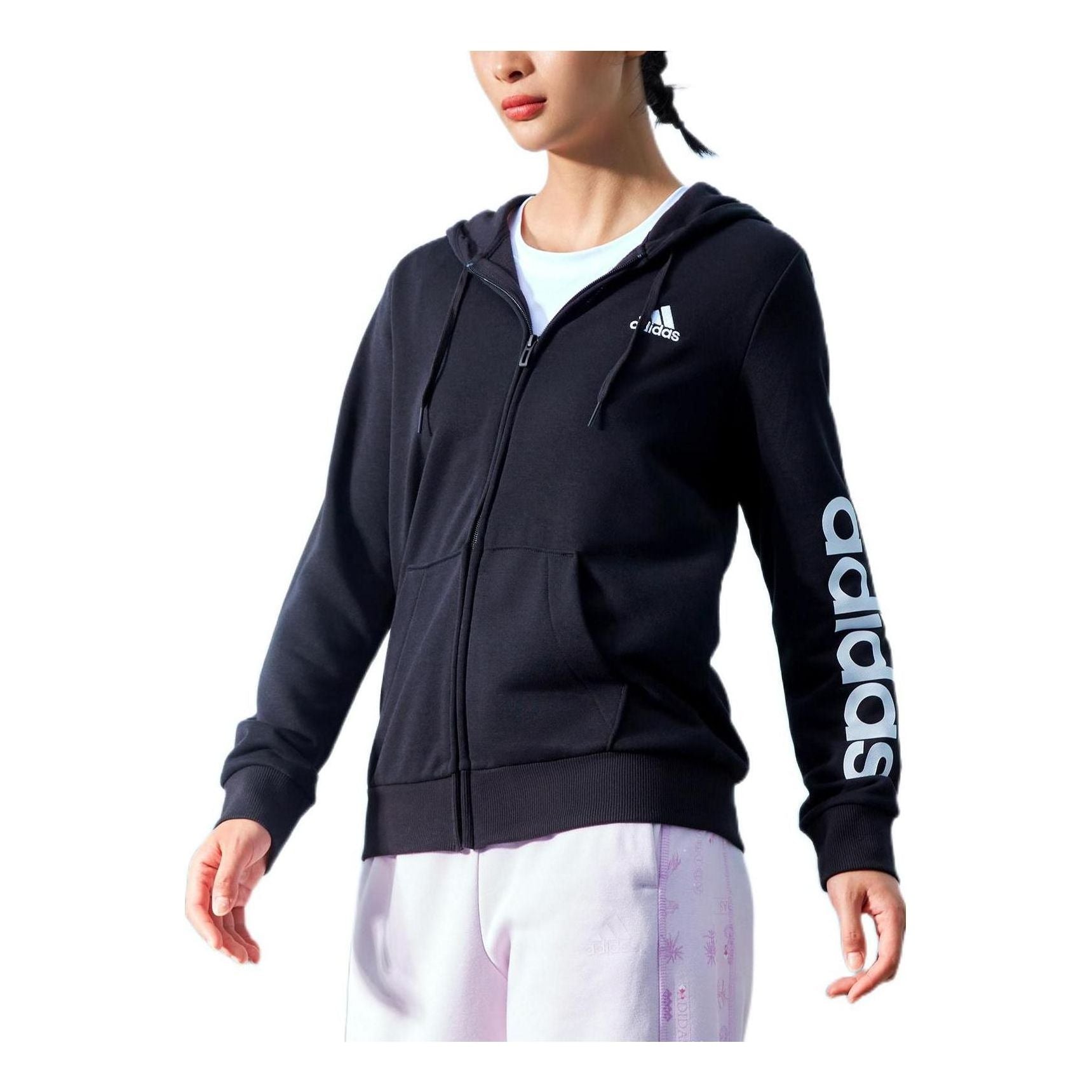 (WMNS) adidas Essentials Logo Full-Zip Hoodie Asia Sizing 'Black White' GL0791