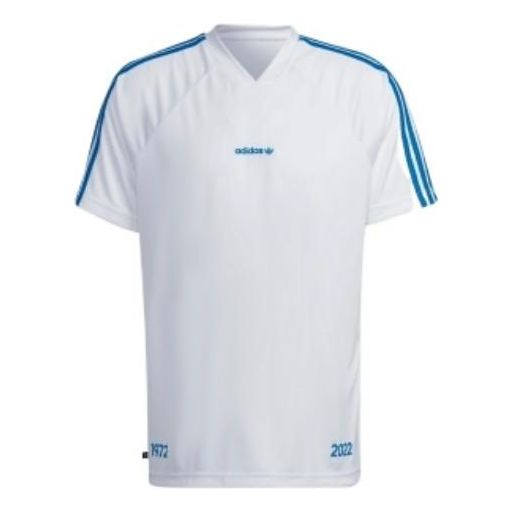 Men's adidas originals Logo Printing Stripe V Neck Short Sleeve Japanese Version White T-Shirt HC7169