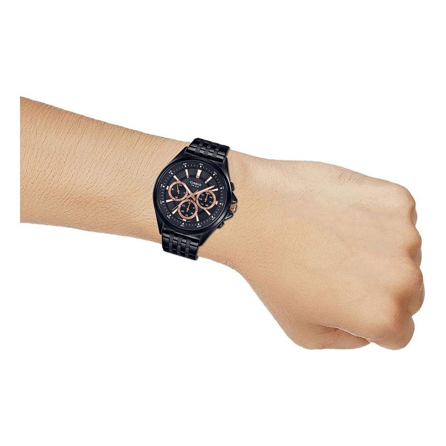 CASIO Waterproof Stainless Steel Strap BlackGold Dial Mens BlackGold Analog MTP-E303B-1A22021