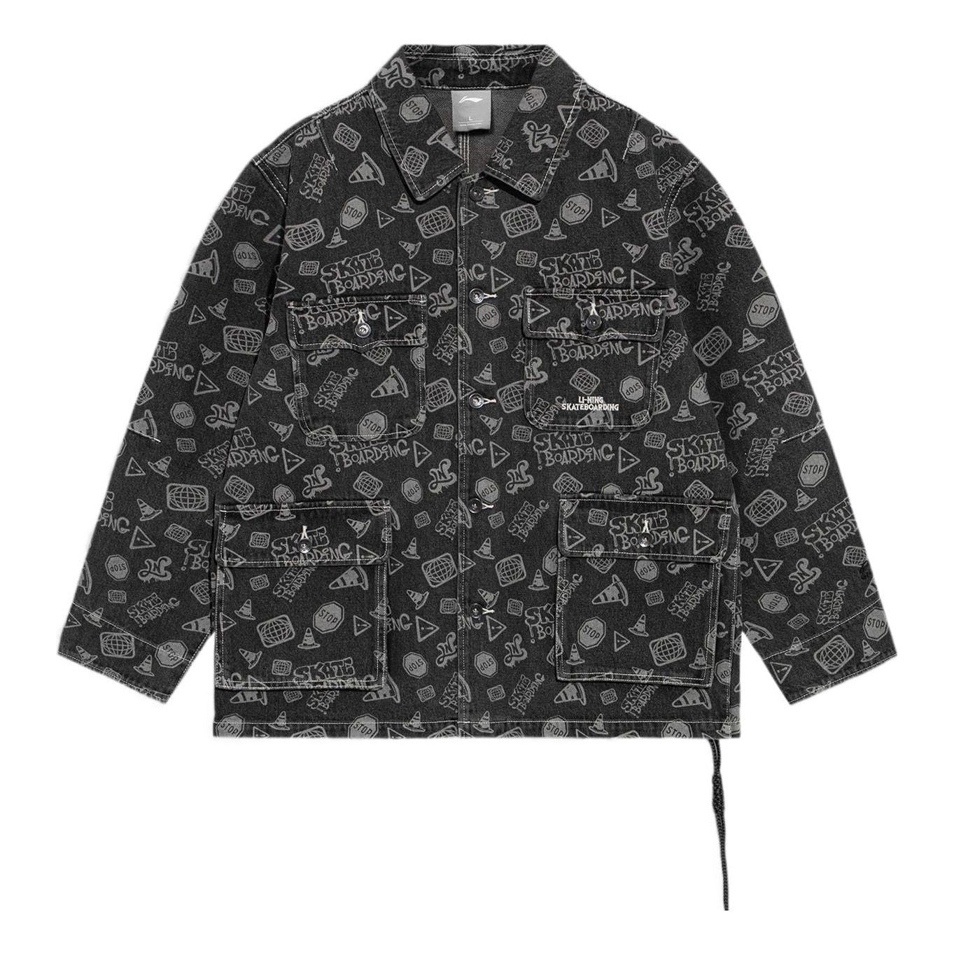 Li-Ning Skateboard Series Full Print Loose Washed Denim Jacket 'Black Grey' AJDS047-4