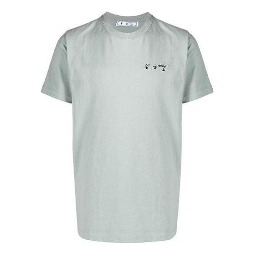 Men's Off-White Logo Embroidered Cotton Short Sleeve Green T-Shirt OMAA027R21JER0015010