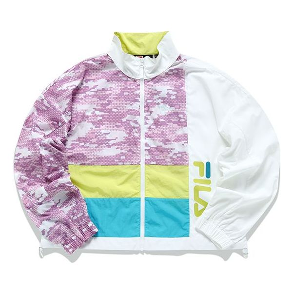 FILA FUSION Contrasting Colors Camouflage Printing Loose Sports Short Woven Stand Collar Jacket White T11W136701F-WT