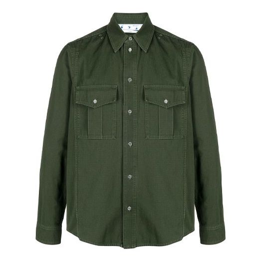 Off-White Logo Printing Solid Color Long Sleeves Shirt Version Green OMGA169S21FAB0025710
