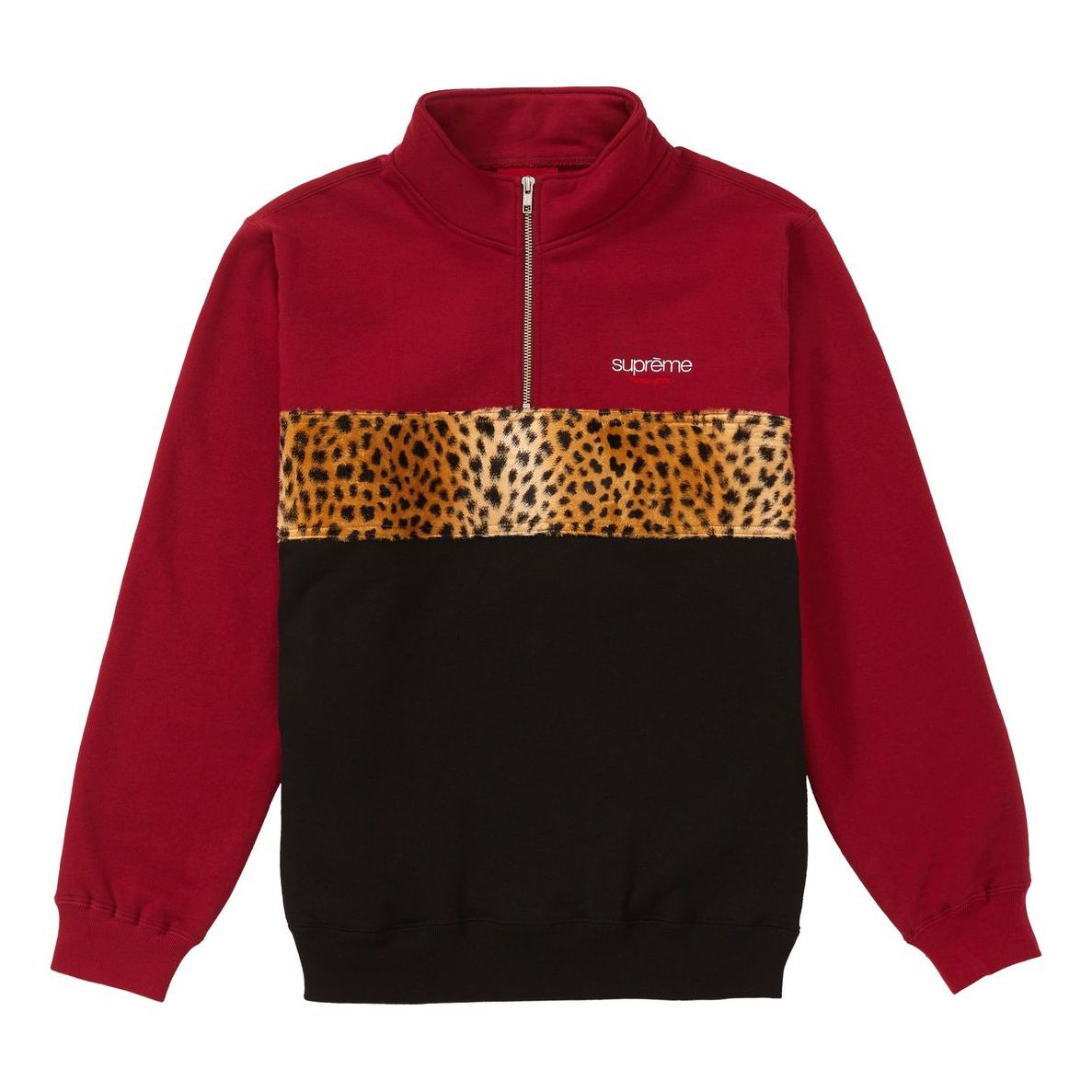 Supreme FW18 Leopard Panel Half Zip Sweatshirt Cardinal SUP-FW18-705