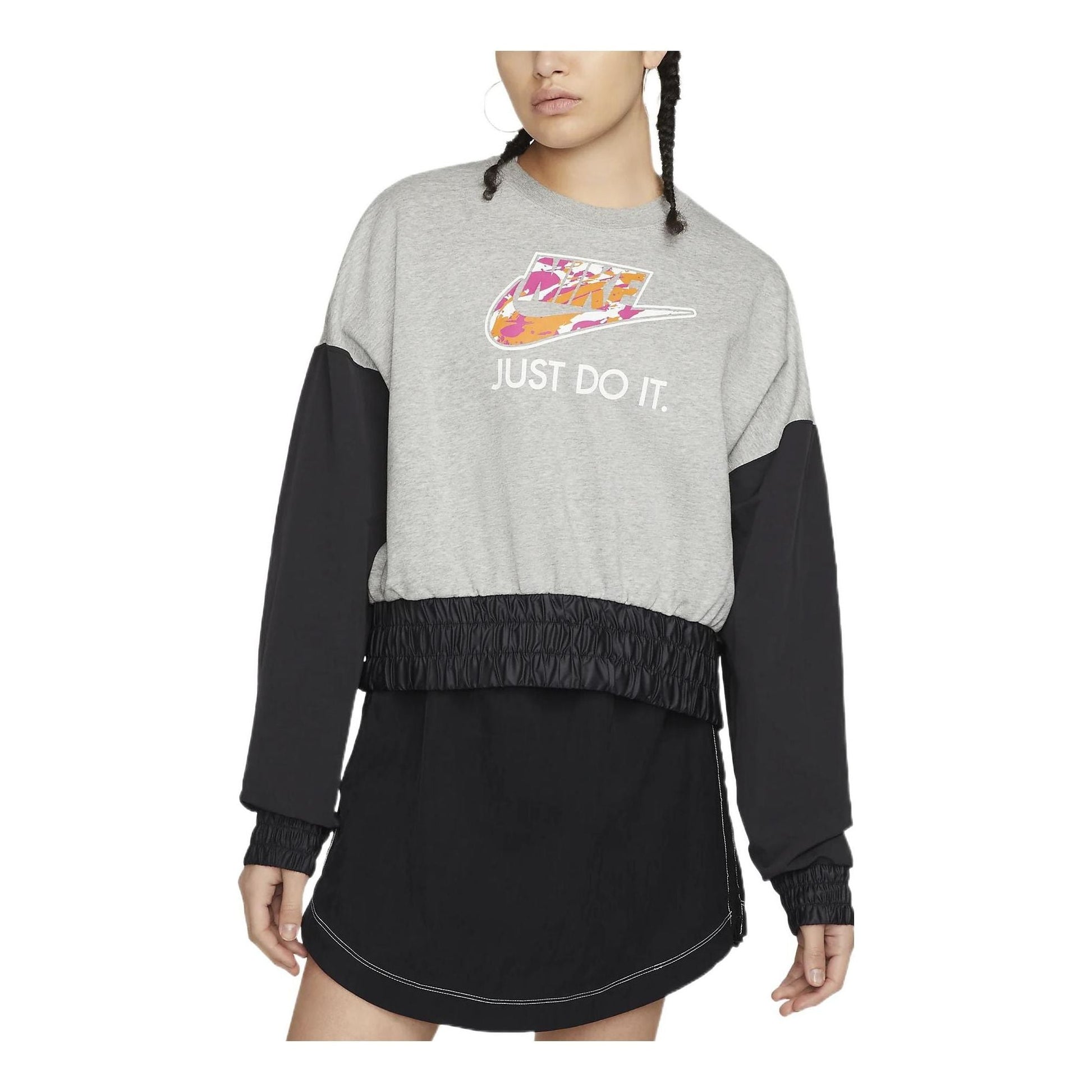 (WMNS) Nike Oversized Fleece Crew Top 'Grey Black' DM6322-063